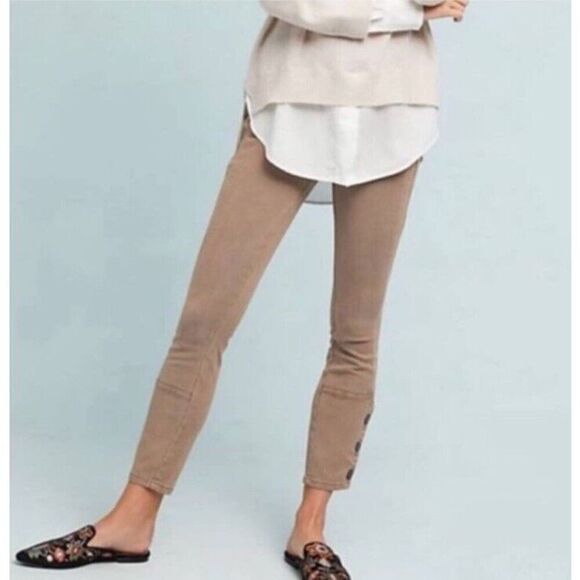 By Anthropologie Ona Skinny Leg Utility  Cropped Ankle Buttons Pants Size 30 Tan - Picture 1 of 6